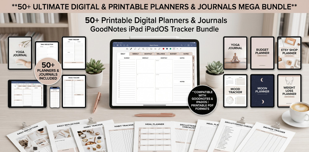 50+ Printable Digital Planners & Journals GoodNotes iPad iPadOS Tracker Bundle