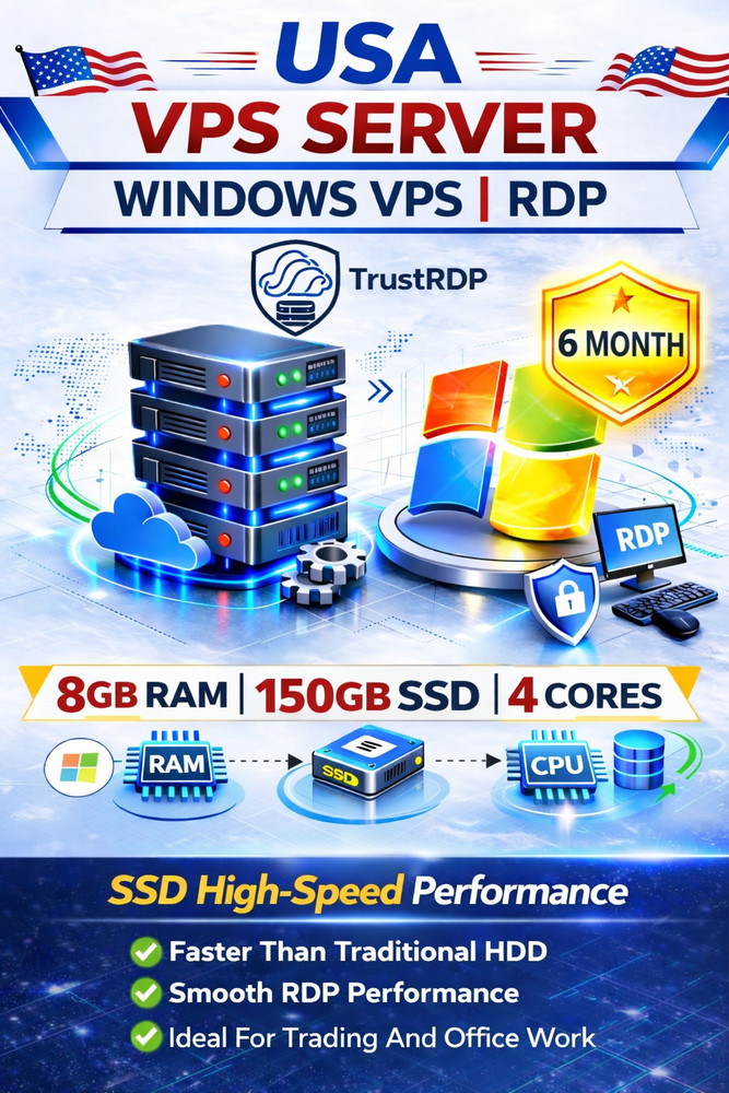 Windows VPS RDP Server 8GB RAM 150GB SSD 6 Month Fast Remote Desktop Hosting