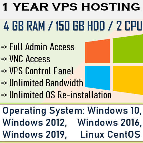 UK Europe VPS Hosting Account – 1 year plan, 4GB RAM + 150GB HDD + 2 VCore CPU