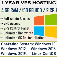 USA VPS Hosting Account – 1 year plan, 4GB RAM + 150GB HDD + 2 VCore CPU