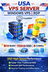 Windows VPS RDP Server 8GB RAM 150GB SSD 1 Year Fast Remote Desktop Hosting